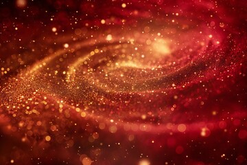 enchanting swirls of shimmering gold dust particles in luscious red fluid abstract background - obrazy, fototapety, plakaty