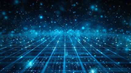 Fototapeta premium Dynamic blue digital particle grid with sparkles - Dynamic view of a digital particle grid with sparkling blue lights resembling a starscape or data visualization