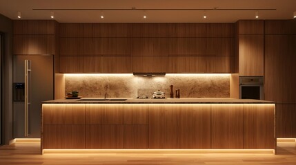 minimalits kitchen with wood cabinets, Modern scandinavian kitchen design , 3d rendering. ai generative