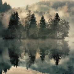 Foggy lake scene with reflections of forest trees - Ethereal view of a serene, fog-covered lake reflecting the dense, muted tones of the surrounding forest