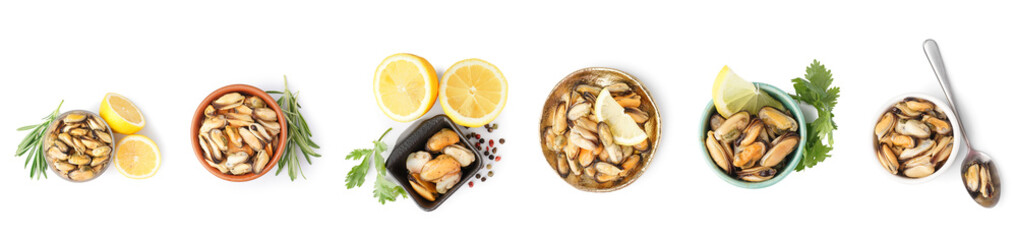 Set of tasty marinated mussels on white background, top view