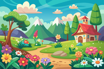 Fototapeta premium Charming cartoon landscapes with colorful flowers adorning the background.