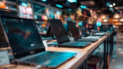 Laptops displayed in electronic store shelf - Laptops of various models displayed on a shelf in a modern electronics store with selective focus and bokeh lights