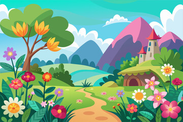 Charming cartoon landscapes with colorful flowers in the background.