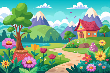 Charming cartoon landscapes with colorful flowers blooming in the background.
