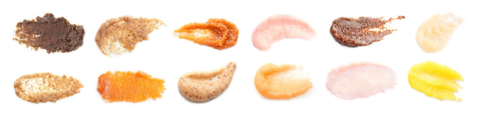 Set of different natural scrubs on white background