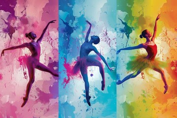 energetic ballet dancers in colorful paint splashes triptych illustration - obrazy, fototapety, plakaty