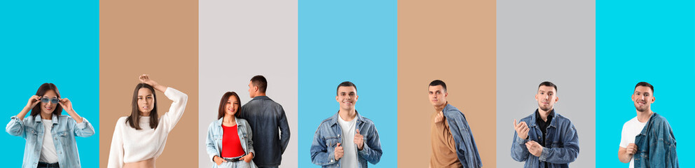 Fototapeta premium Collage of stylish young people in denim clothes on color background