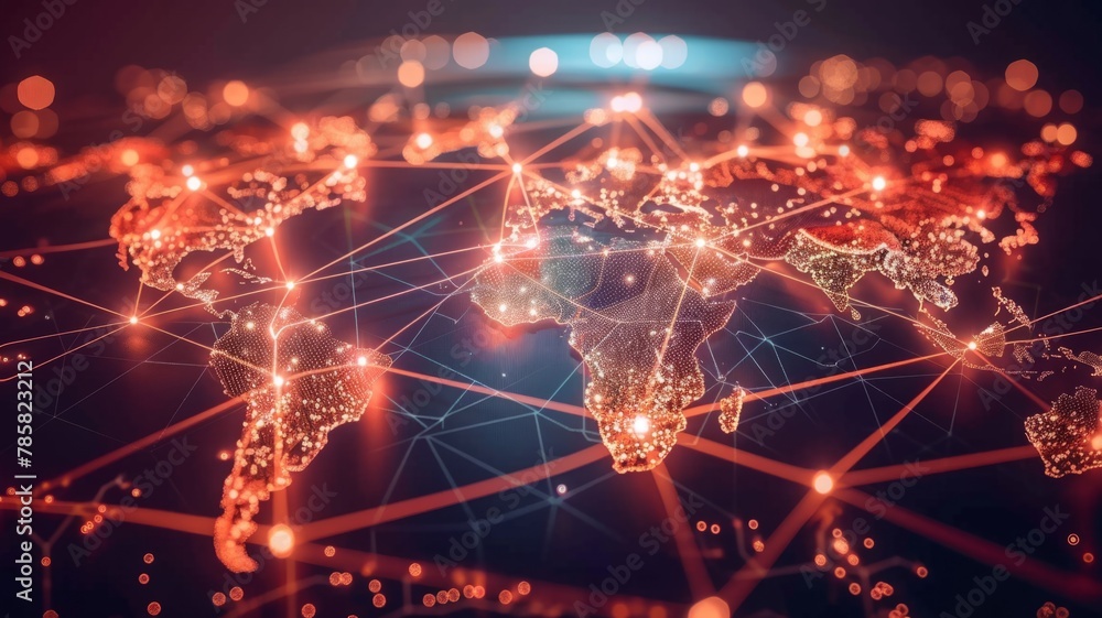 Poster illuminated network lines on world map background - the image showcases a world map in the night wit