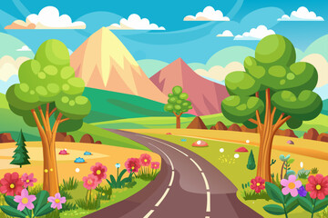 Charming cartoon landscapes with colorful flowers bloom in a vibrant background.