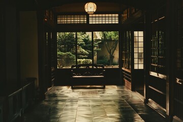 Traditional japanese room with tatami and shoji doors - The warm interior of a traditional Japanese room with tatami flooring and shoji sliding doors opening to a serene garden view