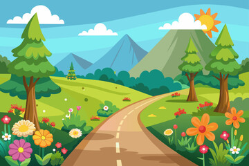 Charming cartoon road landscapes adorned with vibrant flowers