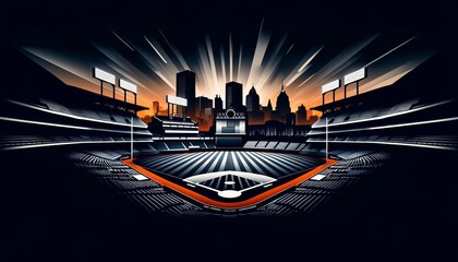 Vibrant Baseball Stadium with Radiant Skyline and Glowing Lights, a Modern Baltimore Cityscape and Sports Arena Design for Posters and Backgrounds - obrazy, fototapety, plakaty