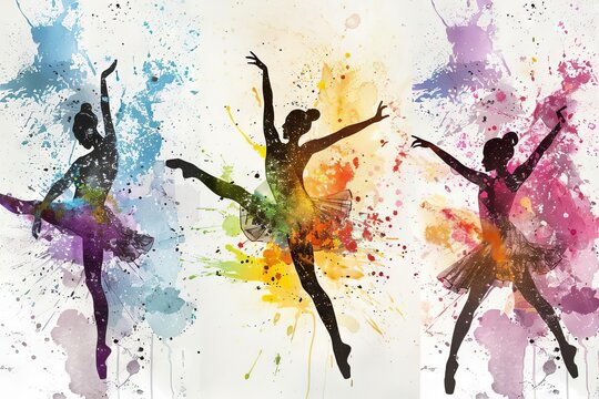 energetic ballet dancers in colorful paint splashes triptych illustration