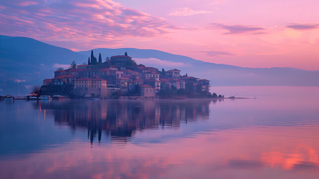 A dreamy sunrise at Kastoria lake Greece