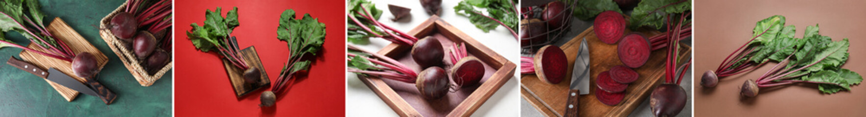 Collage of fresh red beetroots with cutting boards and knives