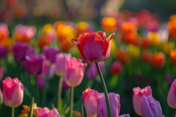 Fototapeta premium Colorful tulips in a garden with a spring background