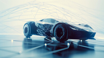 A network of lines forming a distinctive backdrop for an abstract car made of polygon shapes,