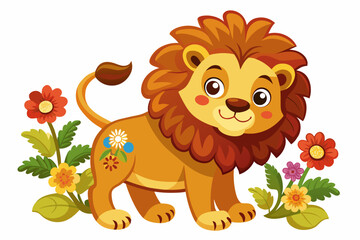 Obraz na płótnie Canvas Charming Leo the lion cartoon character with flowers on a white background.