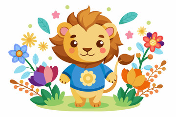 Leo the cartoon character looks charming with flowers on a white background.