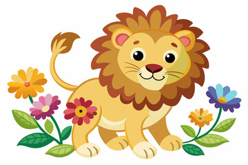 Obraz na płótnie Canvas Charming cartoon lions adorned with flowers frolic on a pristine white backdrop.