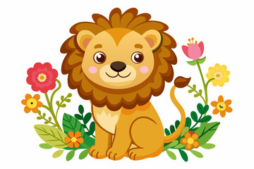 A charming cartoon lion holds a bouquet of flowers against a white background.