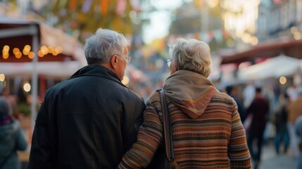 An elderly couple strolling hand in hand backs turned to the camera as they soak in the sights and sounds of the bustling street . . - obrazy, fototapety, plakaty