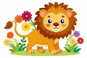 Lions cartoon charming with flowers on a white background