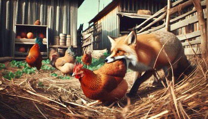 A fox steals a chicken from a farm - obrazy, fototapety, plakaty