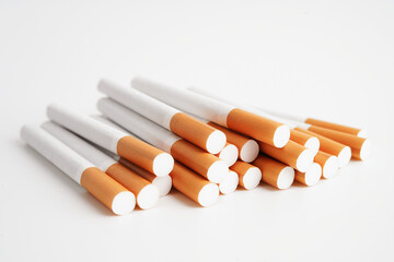 Cigarette, roll tobacco in paper with filter tube, No smoking concept.