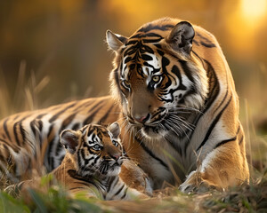 Obraz premium Majestic Bengal Tiger Cub Playfully Bonding with Protective Mother in Glowing Grassland