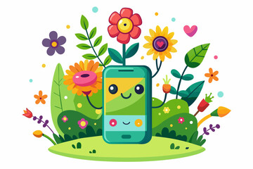 A charming mobile cartoon adorned with vibrant flowers blooms against a pristine white background.