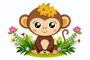 Obraz na płótnie Canvas A charming monkey cartoon animal adorned with flowers exudes happiness and joy.