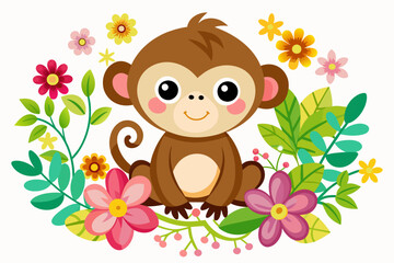 Charming monkey cartoon with colorful flowers.