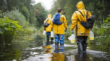Foto op Plexiglas A team of scientists cautiously crossing a polluted waterway attention focused on collecting water samples while facing away . . © Justlight