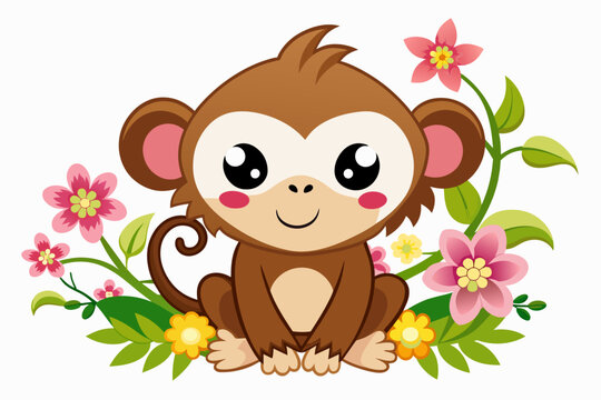 A charming monkey cartoon character adorned with vibrant flowers, its playful demeanor radiating joy and whimsy.