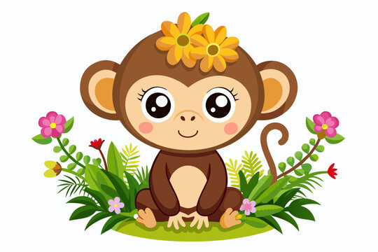A charming monkey cartoon animal adorned with flowers exudes happiness and joy.