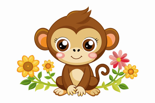 Charming cartoon monkey adorned with vibrant flowers, exuding joy and playfulness.