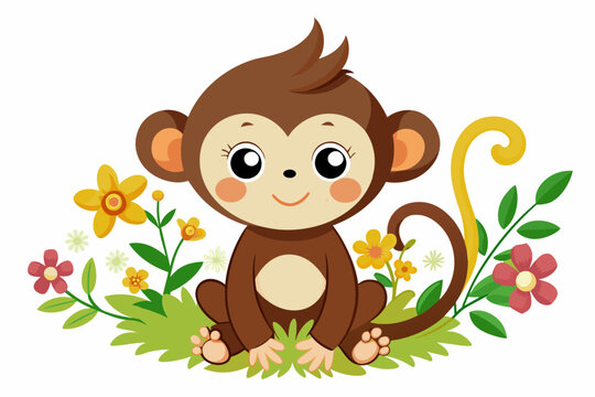 Charming monkey cartoon animal adorned with colorful flowers.