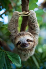 Naklejka premium Endearing Baby Sloth Hanging Upside Down with Captivating Smile in Lush Tropical Rainforest