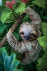 Naklejka premium Adorable Baby Sloth Hanging Upside Down from Lush Rainforest Branch with Big Expressive Eyes and Captivating Smile