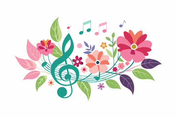 Charming music logo with colorful flowers on a white background