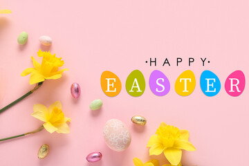 Yellow narcissus and painted Easter eggs on pink background