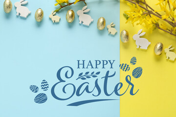 Composition with blossoming branches, bunny figures and Easter eggs on color background
