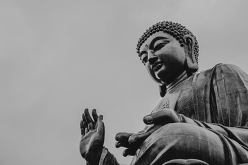 Monochrome Image of Serene Buddha Statue in Meditation at Lantau Island