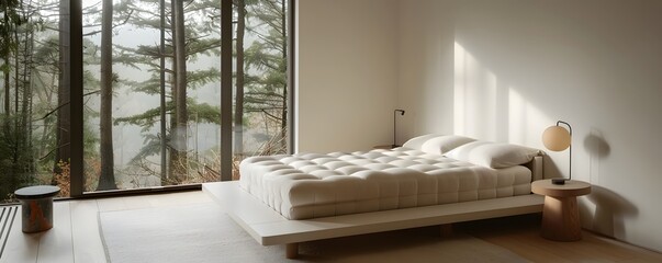 Serene Scandinavian Inspired Minimalist Bedroom with Forest Views