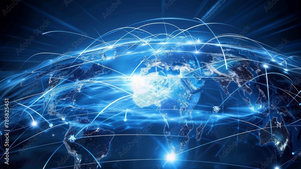 Poster glowing lines interconnect on digital world map - a captivating visual of glowing lines weaving acro