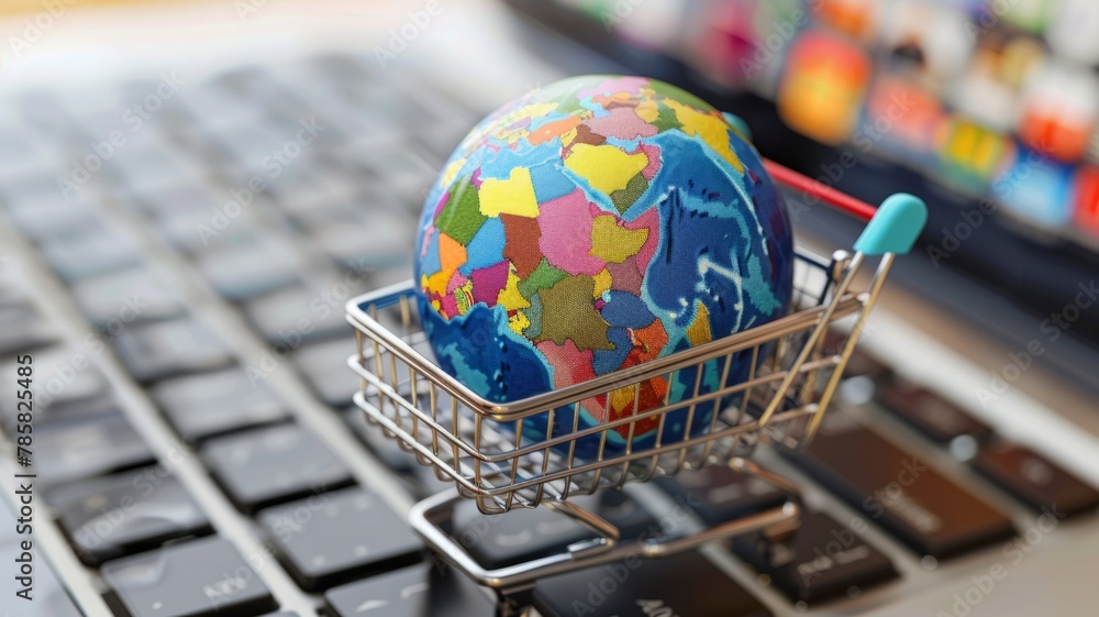 Poster globe in shopping cart on a laptop keyboard - a colorful globe inside a mini shopping cart on a lapt