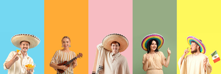 Collage of young Mexican people on color background