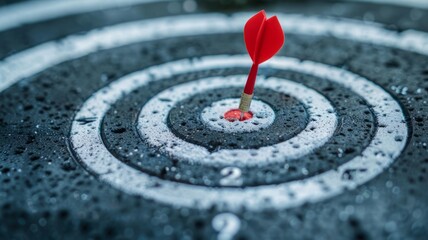 Red dart hits bullseye on wet target board - A close-up image showing a red dart hitting the bullseye on a target amidst raindrops, alluding to overcoming challenges